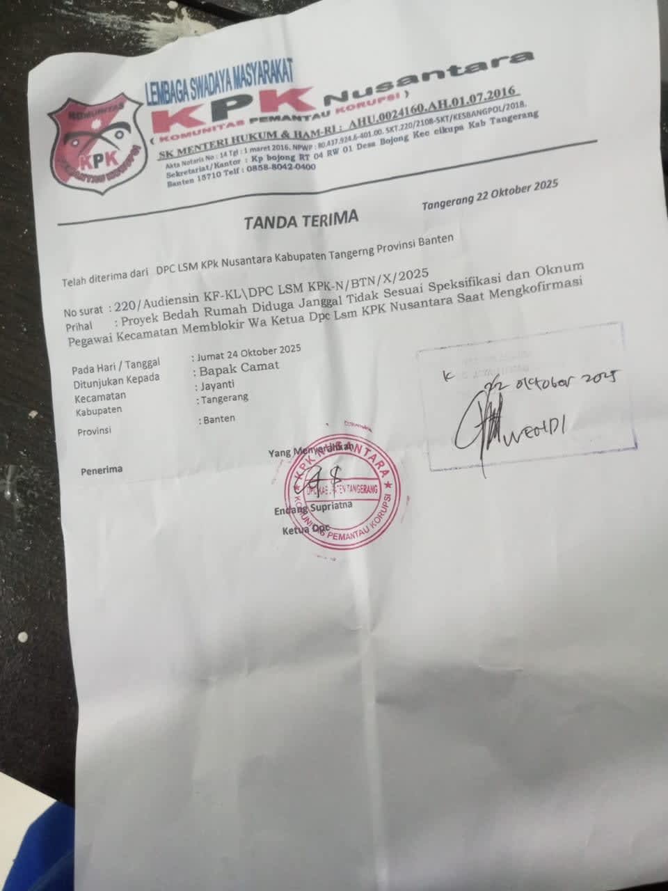 "LSM KPK Nusantara Surati Camat Jayanti, Soroti Dugaan Kejanggalan Proyek Bedah Rumah"